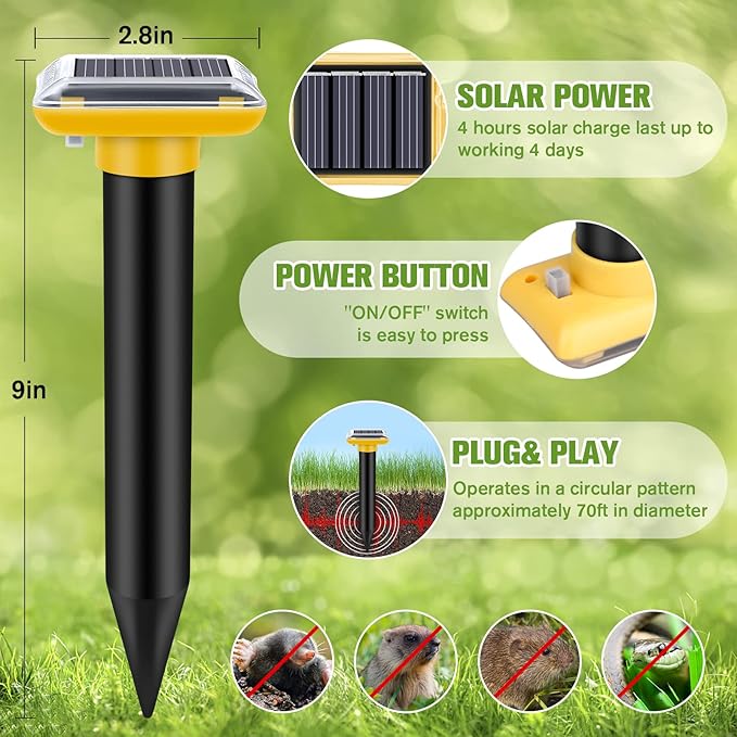 Solar Ultrasonic Mole Repellent, Gopher Repeller Outdoor, 4 Packs Solar Powered Waterproof Snake Repellent Deterrent Gopher Vole Snake Pest and Other Animals from Lawn Garden Yard Home(Yellow)