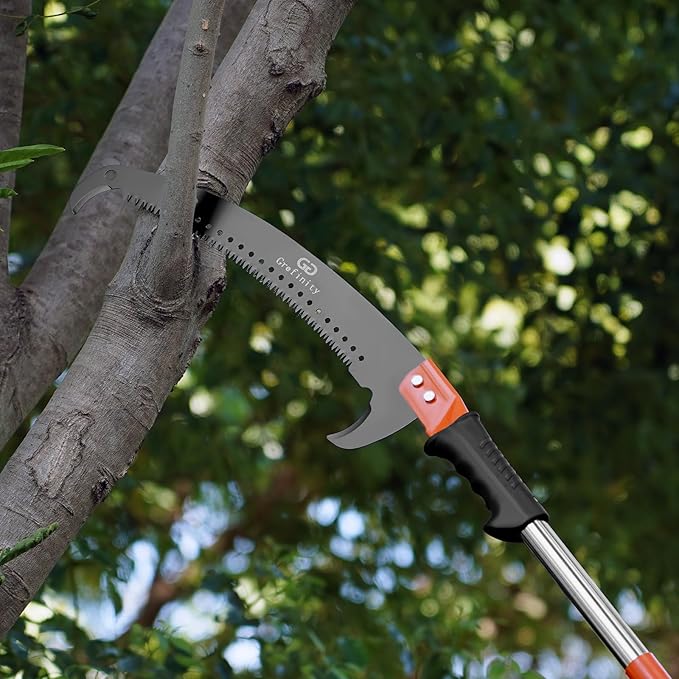Manual Pole Saw for Tree Trimming, 14 FT Pruning Saw with 6-Section Stainless Steel Handle, Sharp steel Blade, Easy to Carry and Lightweight Extendable Design for Garden & Tree Maintenance