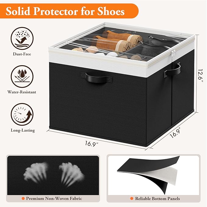 StoreHappily Shoe Organizer for Closet - 2 Packs Hold up to 32 Pairs, Large Shoe Storage Organizer Containers with Adjustable Dividers, Clear Cover, Leather Handles for Heels, Boots, Sneakers (Black)
