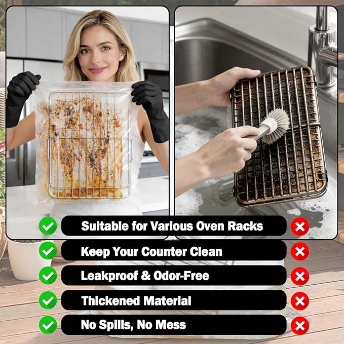 Mity Rain 5 Packs Oven Rack Cleaning Bag Kit, Reusable No-Scrub Oven Rack Cleaning Bags, Includes three gloves and one brush (three 23.62*35.43 inch and two 31.50*39.37inch) leak-resistant PE bags