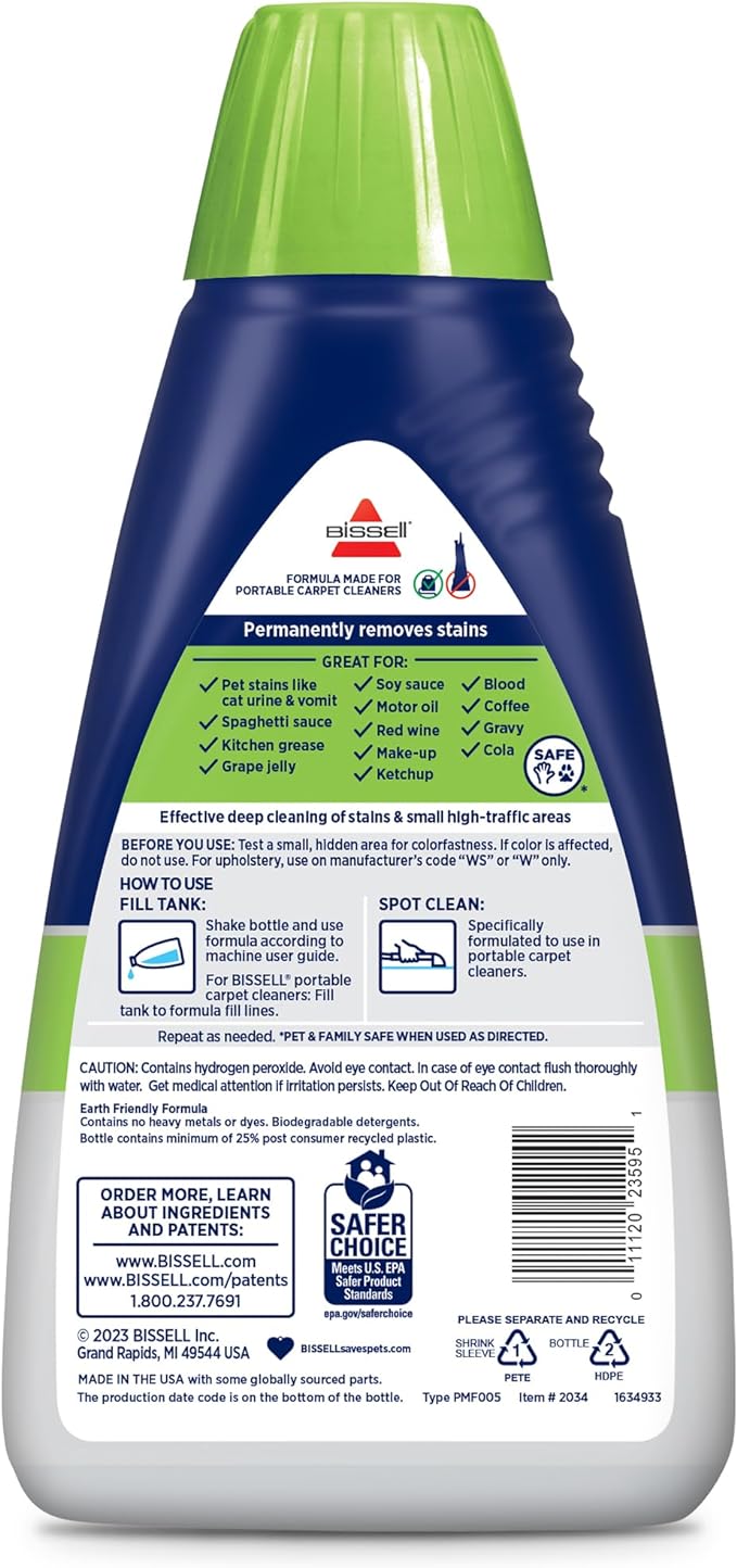 Bissell PET PRO OXY Spot & Stain Formula for Portable Carpet Cleaners, 32 oz., 2034