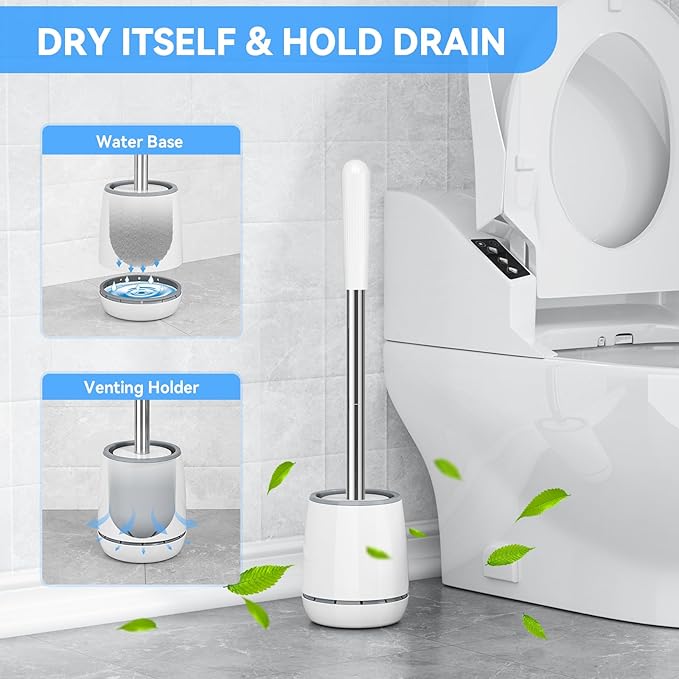 Toilet Brush, 2 PCS Toilet Brush and Holder with 304 Stainless Steel Handle, Space Saving Toilet Bowl Brush for Storage, Durable Bristles Toilet Scrubber for Bathroom Cleaning