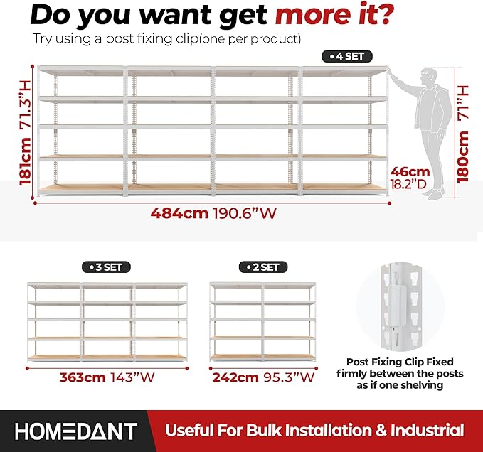 HOMEDANT 47.7" W 5 Tier Heavy Duty Garage Shelving Adjustable Metal Rack Storage Shelves Standing Shelf Unit Organizers Industrial Warehouse Basement White 1Pack