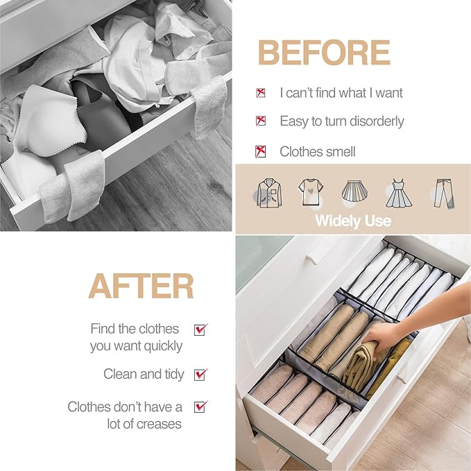 Wardrobe Clothes Organizer 7 Grids Portable Closet Organizer Mesh Separation Storage Box Foldable Closet Drawer Organizer for Underwear Socks Scarves Leggings (Grey, 3 Leggings Grid)
