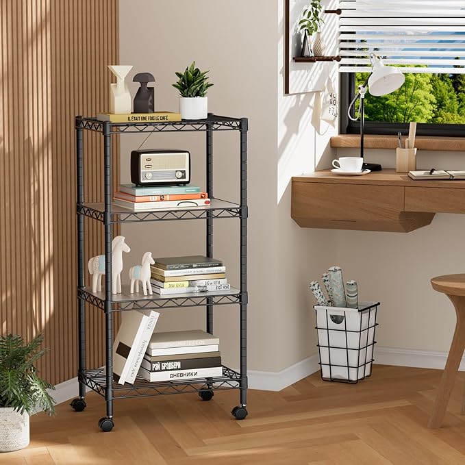 Golpart Small 4 Tier Shelves Storage Wire Shelving Unit Metal Shelf Adjustable Organizers Storage Shelving with Wheels for Bathroom Laundry Room Kitchen Pantry12”D x 18”W x 44.8”H Black