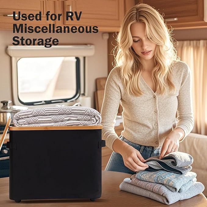Bathroom Toilet Paper Storage Basket with Lid and Handle， Bamboo Collapsible Toilet Paper Holder Storage with Non-Slip Bottom ,Extra Toilet Roll Storage, Black
