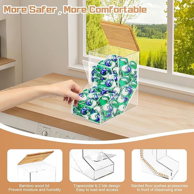 JYPS Laundry Box,Acrylic Dishwasher Pod Holder with 2 Lids,Powder Dispenser,Drying Balls,Beads,Soap Organizer for Room Table/Wall Mounted,Snack Candy Storage (1pcs-bigger)