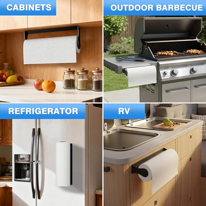 Paper Towel Holder Under Cabinet, Black, Adhesive & Wall Mount, Under Counter Paper Towel Rack for Kitchen and Bathroom, Home and Kitchen Decor