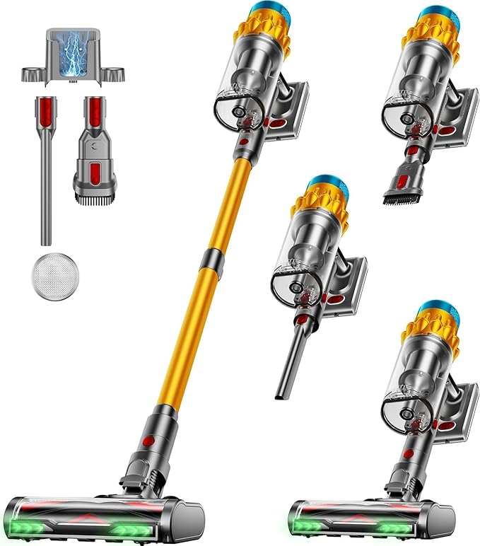 Cordless Vacuum Cleaner, 600W/50KPA, Max 70 Mins Runtime, Self-Standing Vacuum Cleaners for Home, Anti-Tangle Stick Vacuum, Smart Display Vacuum Cordless with 1.8L Cup for Pet Hair/Carpet (Gold)