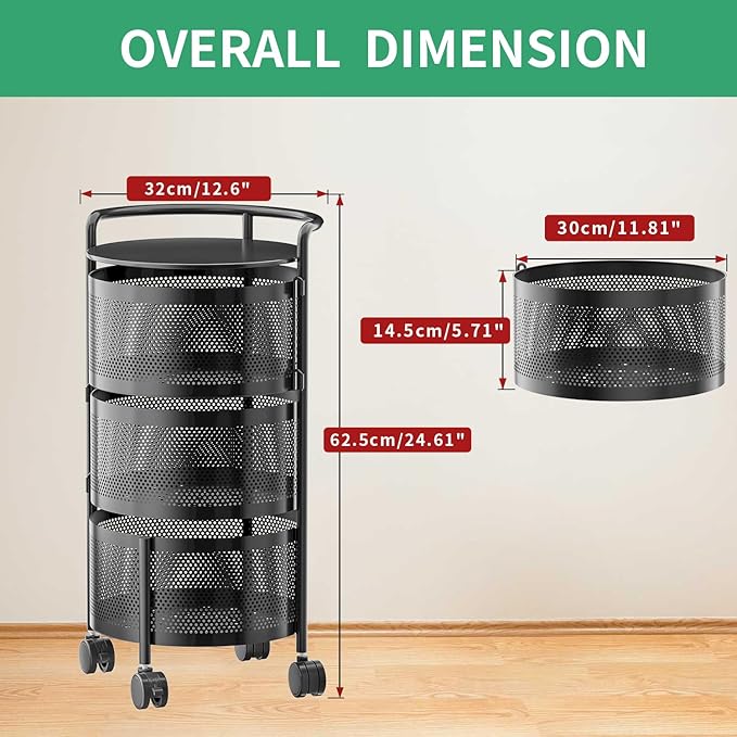 JAQ 3-Tier No Assembly Vegetable Storage Rack, Under Counter Rotating Fruit Basket with Wheels, Carbon Steel Kitchen Organizer for Potato Onion, Fruteros Para Cocina, Black