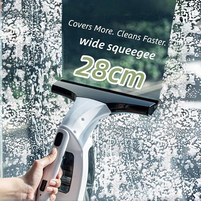 Electric Window Vacuum Cordless, 2200mAh Rechargeable Electric Vacuum Squeegee with 28cm Blade, 150ml Tank & 300ml Spray Bottle, for Windows, Mirrors, Showers, Tiles, Glass Cleaning