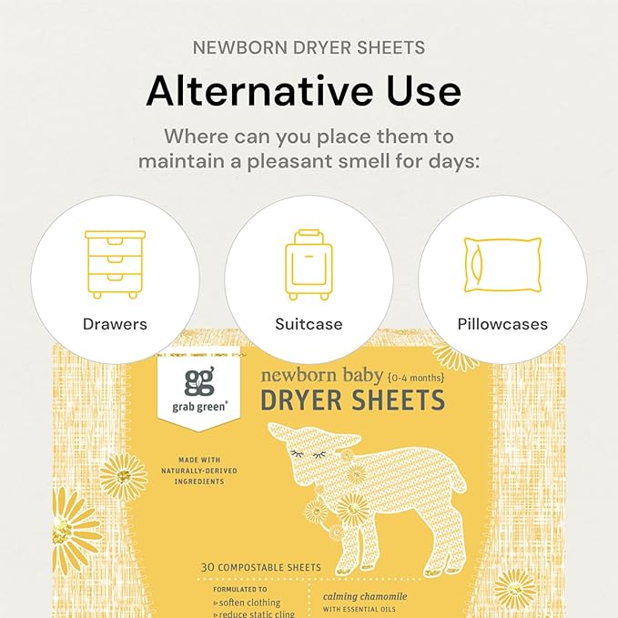 Grab Green Newborn Baby Dryer Sheets - Natural Scent Booster and Fabric Softener to Reduce Wrinkles and Static (Calming Chamomile Scent, 40 Sheets Total)
