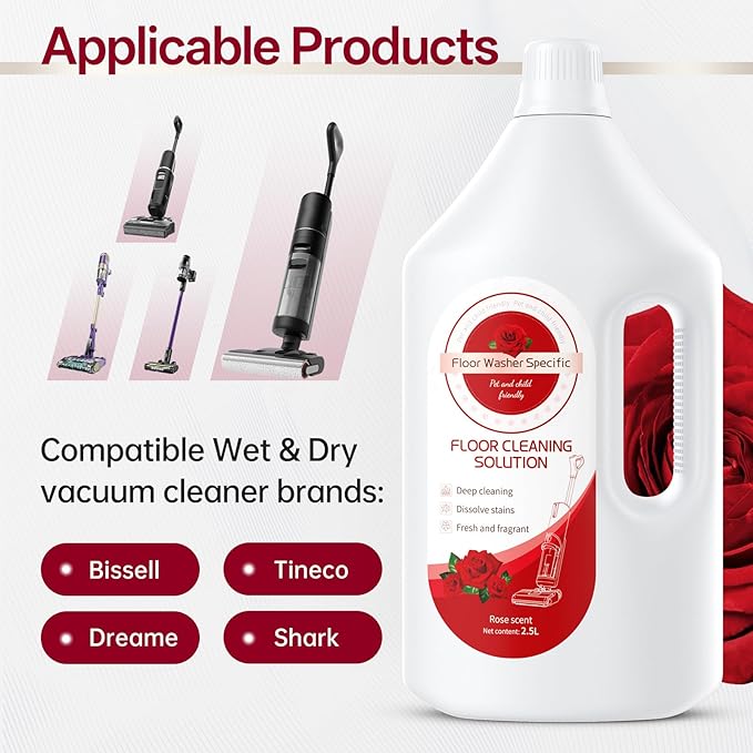 Floor Cleaning Solution Compatible With Tineco/Bissell/Dreame And Shark, Fragrance Deodorization, Deep Cleans for Multiple Hard Floors, Suitable With Cordless Wet/Dry (【Rose】, 2.51 Liter)