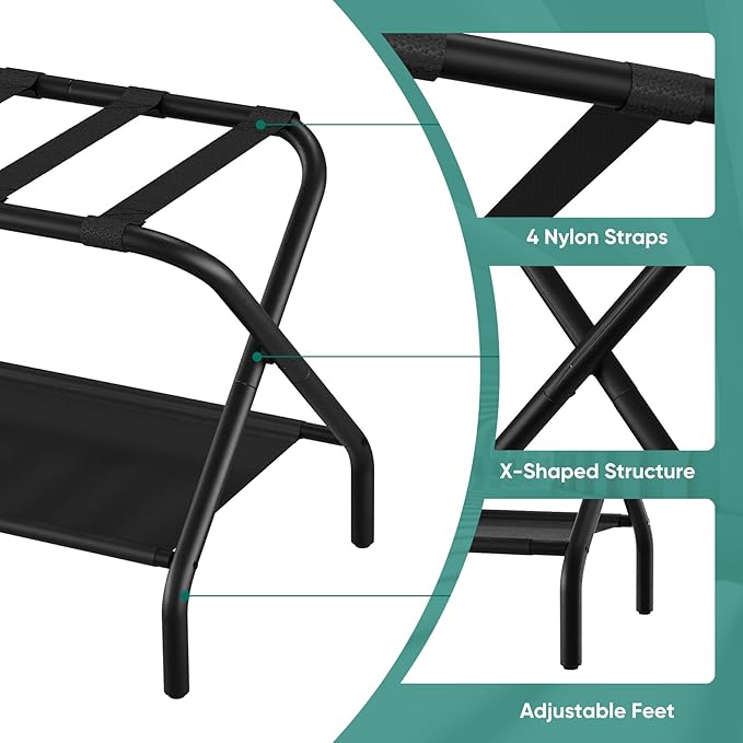 Smuxee Black Luggage Rack Pack of 2, Foldable Suitcase Stand with Fabric Storage Shelf, Luggage Holder with 4 Nylon Straps for Guest Room Bedroom Hotel