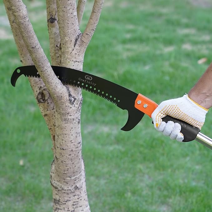 Manual Pole Saw for Tree Trimming, 14 FT Pruning Saw with 6-Section Stainless Steel Handle, Sharp steel Blade, Easy to Carry and Lightweight Extendable Design for Garden & Tree Maintenance