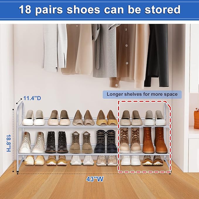 KEETDY 2-Tier Long Shoe Rack for Closet Shoe Organizer for Entryway, Metal Stackable Shoe Storage Shelf for 18 Pairs Sneakers with Strong Wire Grid, Gray