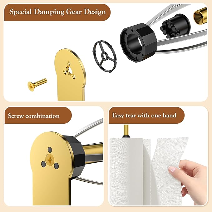 Paper Towel Holder Under Cabinet with 2 Hooks, Paper Towel Holder Wall Mount with Damping Effect, Self-Adhesive or Drilled Paper Roll Holders for Kitchen, Bathroom, RV(Gold)