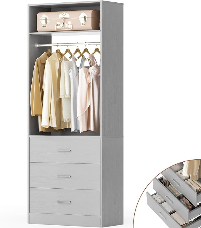 Besiost Freestanding 2FT Closet System with 3 Wood Drawers, 24" Closet Organizer System with Hanging Rod & Shelves, Walk-in Closet Systems for Small Closets, Grey (24"L x 15" W x 80" H)