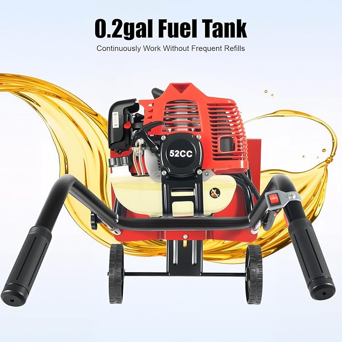 Gas Power Tiller Cultivator 52CC 2 Stroke, Gasoline Powered Garden Farmyard Tiller Air-Cooled Single Cylinder Gasoline Engine Tilling Tool, for Lawn, Field and Home