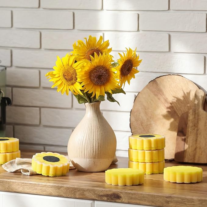 Tioncy 12 Pack Sunflower Kitchen Sponges Bulk Dual Sided Scrubber Yellow Sunflower Sponges Dishwashing Kitchen Cleaning Accessories for Funny Christmas Holiday Household Supplies