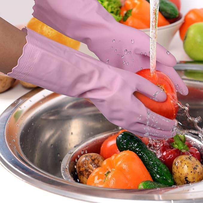 Bamllum Rubber Cleaning Gloves - 3 Pairs Latex Free Kitchen Cleaning Gloves with Cotton Liner- Household Dishwashing Gloves, Non- Slip Waterproof (Small, Blue+Pink+White)