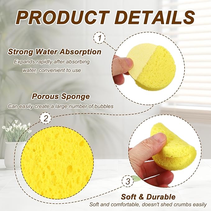 uxcell 10Pcs Cellulose Sponges, Round Kitchen Clean Sponges Non-Scratch Compressed Dish Scrubber for Kitchen Household Cookware Bathroom Cleaning & DIY, Gold