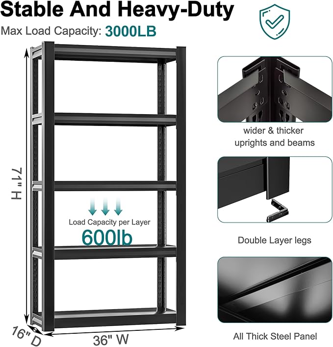 71" H Heavy-Duty Metal Storage Shelving, 5-Tier Garage Shelves Unit, 36" W 3000 LBS Ajustable Industrial Shelf for Garage, Warehouse, Home, Kitchen, Pantry, Office, Pure Black
