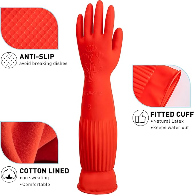 ThxToms Rubber Dishwashing Cleaning Gloves (2-Pair) - Fleece Lined, Reusable, Waterproof with Extra-Long Cuff & Anti-Slip Design for Household & Kitchen Use - Large