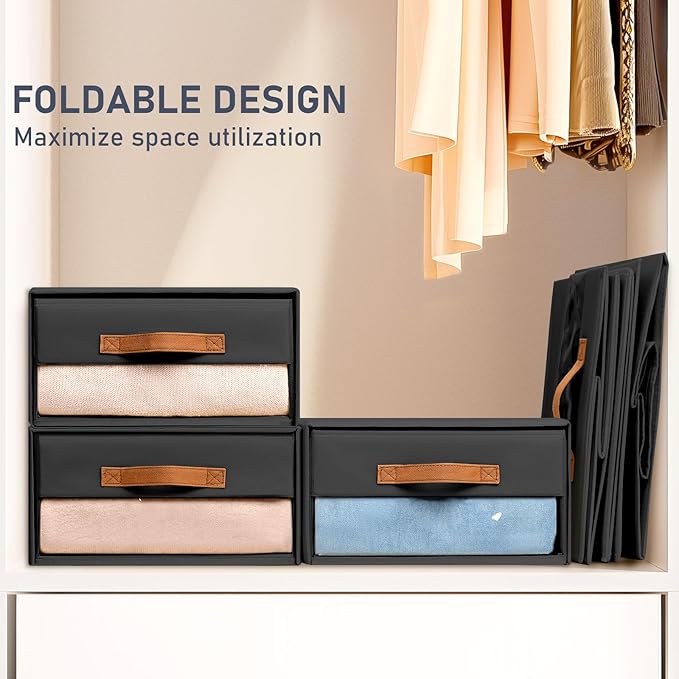 DIMJ Closet Organizers and Storage - Foldable Storage Bins with Drawers Fabric Stackable Storage Drawers with Clear Window,Fabric Clothes Organizers and Storage Drawers for Closet, 6-Pack, Black