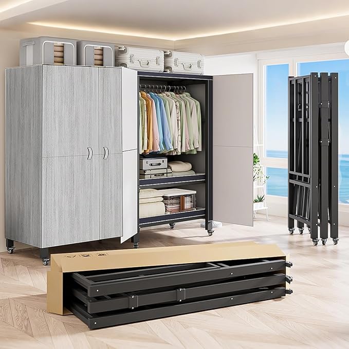 Heavy Duty Covered Clothes Rack with Magnetic Door Foldable Portable Wardrobe Closet for Hanging Clothing Rolling Black Metal Garment Rack on Wheels Closet System (Gray, 65.9in)