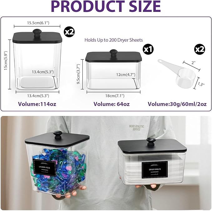 COAZEX 2+1 Pack Clear Laundry Pods Container & Dryer Sheet Holder, Plastic Square Laundry Room Organization and Storage Jars with Black Lids, Scoops & Labels for Detergent, Powder, Dryer Balls