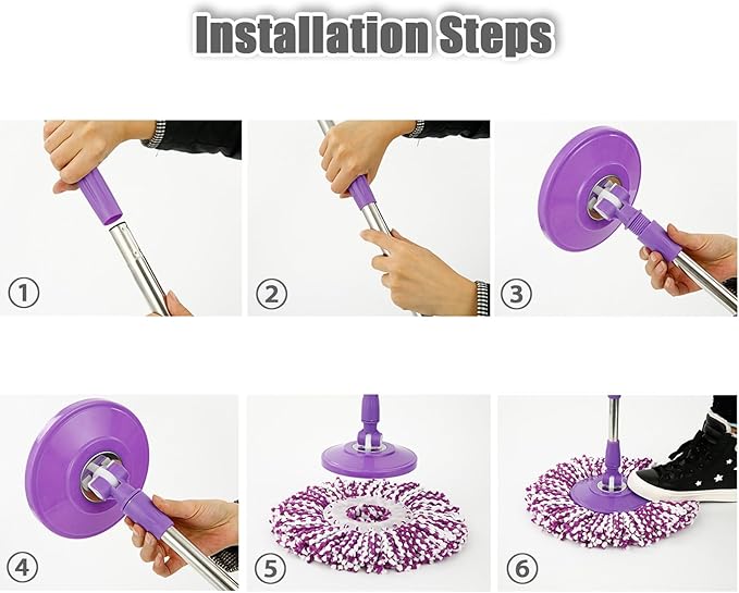 Spin Mop Replacement Mop Handle, 49-inch 360 Degrees Rotating Telescopic Replacement Mop Stick with Reinforced Plastic Disc for Spin Mop Bucket Cleaning System (Plastic Disc, Purple)