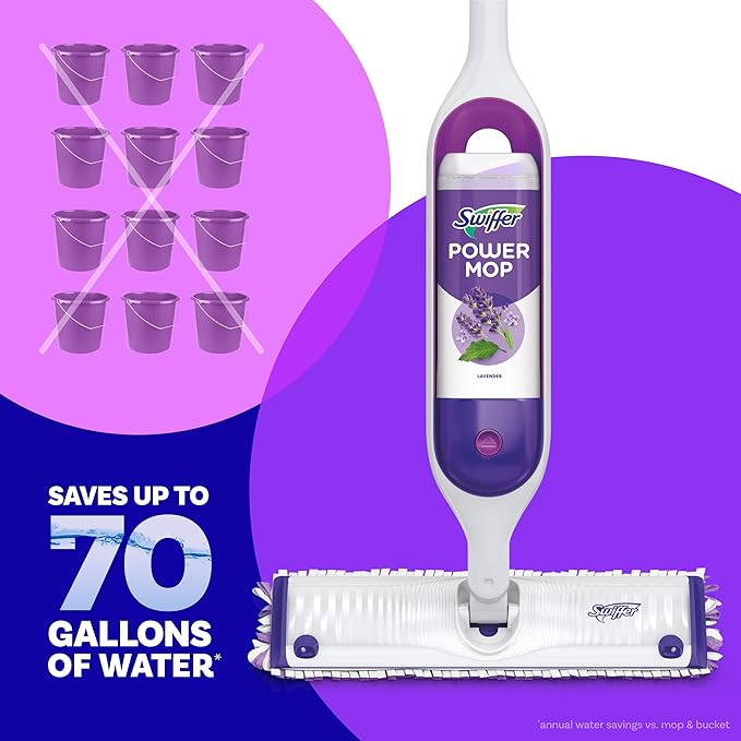 Swiffer Power Mop Refill, Floor Cleaner for Mopping Tile, Vinyl, Laminate, Wood in Home, Bathroom, Kitchen, All Purpose Multi-Surface Cleaning, 5 Pads + 1 Lavender Solution (Pack of 2)