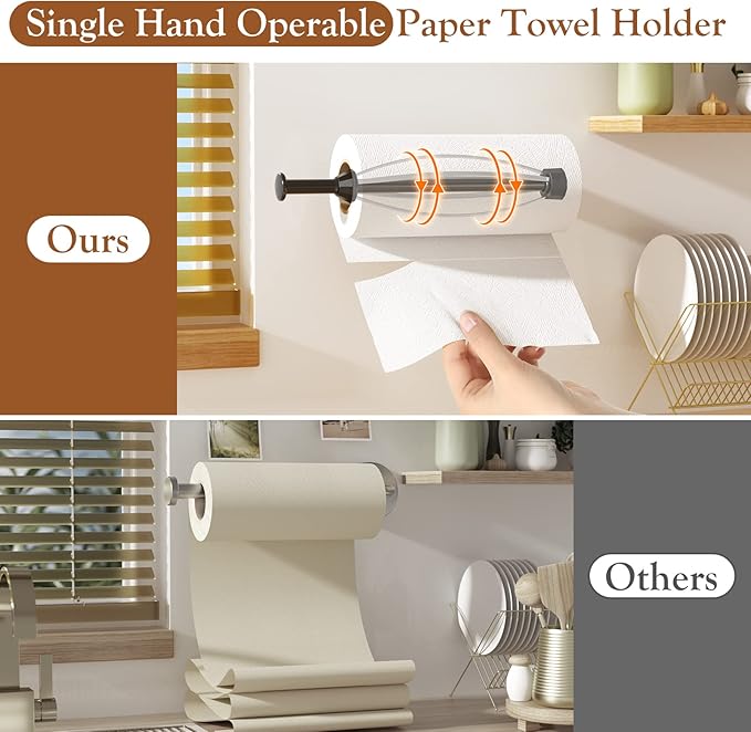Paper Towel Holder Under Cabinet, Single Hand Operable Wall Mount with Damping Effect, Self-Adhesive or Drilled Paper Roll Holders for Kitchen, Bathroom, RV(2 Towel Robe Hooks)