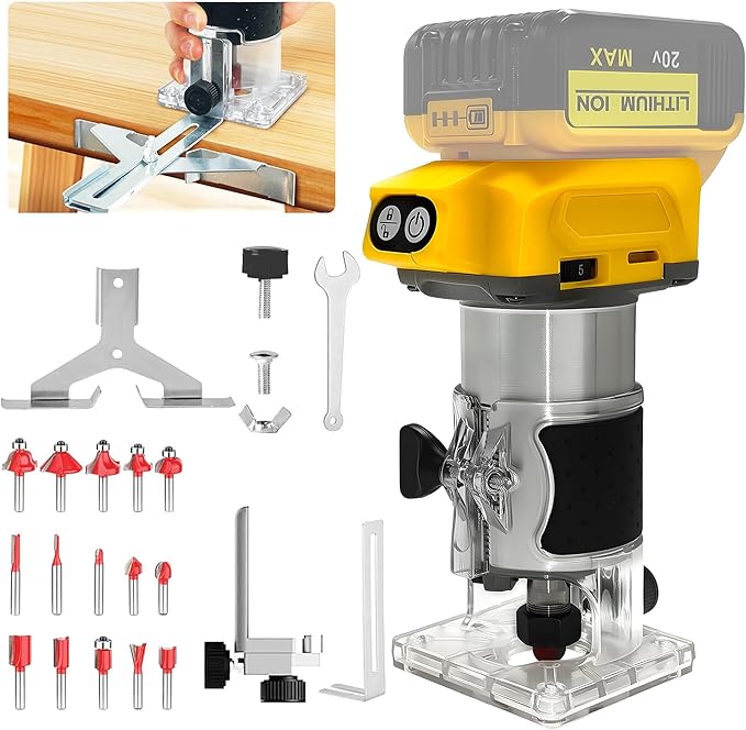 Cordless Wood Router Trimmer for Dewalt 20V Battery, 6 Speeds Wood Trimmer Set, 800W 30000 RPM Brushless Motor Hand Palm Router with 15pcs 1/4"Shank Router Bits for Woodworking,Slotting(NO Battery)
