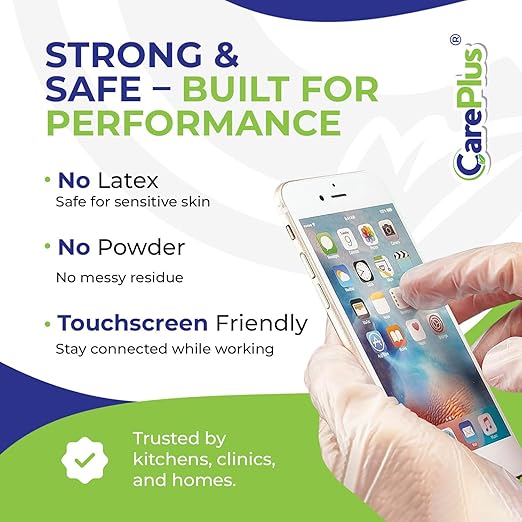 CARE PLUS Vinyl Gloves Clear Large Size 1000 Count | Heavy Duty, Non-Sterile, Powder-Free, Latex-Free Rubber | Food Prep, Kitchen & Cleaning Gloves, Ideal for Professional Use