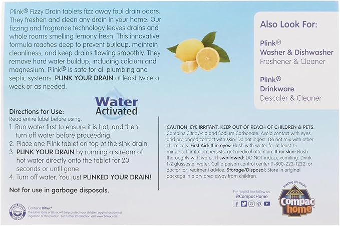 COMPAC HOME Plink Sink Drain Cleaner and Deodorizer, Air Fresheners for Garbage Disposal, Lemon Scented, Home Accessory Cleaning Products for Kitchen and Clogged Drain, 6 Count (Pack of 2), 12 Tablets