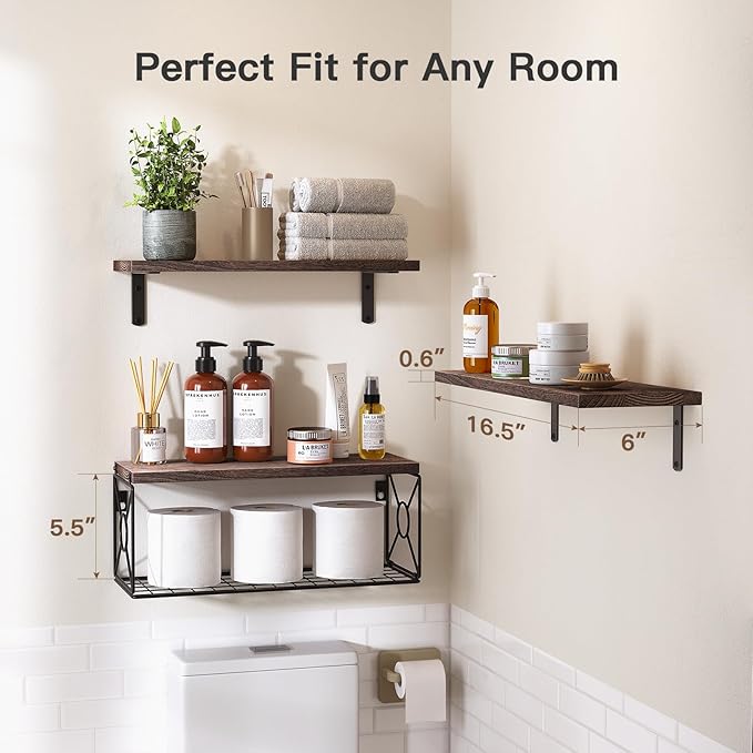 Amada Bathroom Shelves Over Toilet with Storage Basket, Floating Wall Shelf for Home Organization & Wall Decor, Bathroom/Kitchen/Living Room Shelves–Rustic Brown