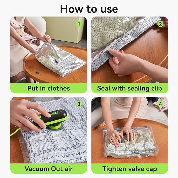Travel Vacuum Bags with USB & TYPE C Pump, 9 Pack Carry-On Vacuum Storage Bags for Luggage & Suitcase, Vacuum Luggage Bags, Space Saver for Clothes & Travel(Green)