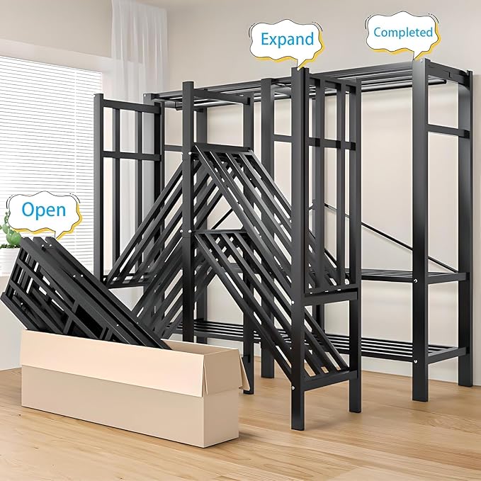 75in Heavy Duty Portable Closet with Cover 1200Ibs Foldable Covered Clothes Rack for Hanging Armoire Wardrobe Closet System Freestanding Coat Storage Garment Racks (190cm/74.8in（black）)