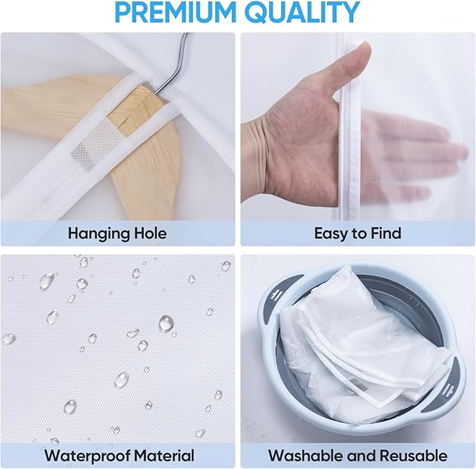 BALEINE 48'' Translucent Garment Bags, 2 Packs PEVA Dress Bag for Closet Clothes Dresses Suit Coats Storage (White, 2PK)