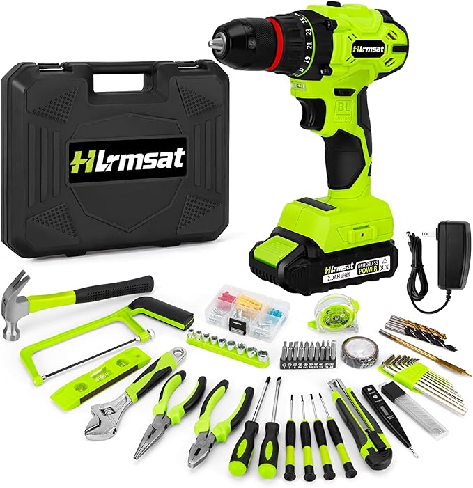 Brushless Drill Tool Set,20V Cordless Drill Tool Box with 2.0Ah Battery,50N.m & 24+1 Gear 3/8" Keyless Metal Self-locking Chuck Handheld Tool Drills Kit,Taladro Inalámbrico for Home Repair Set