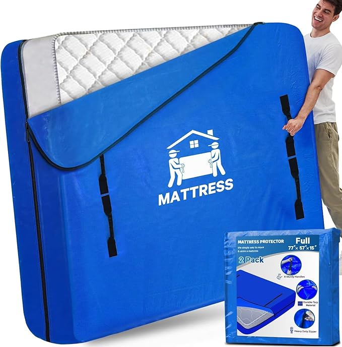 Mattress Bags for Moving, BETU Mattress Protector Waterproof Mattress Cover Full Size Storage Bags with 8 Heavy-Duty Handles and Zipper for Bed Extra Thick Large Reusable (2 Pack, 77"x57"x15" Blue)