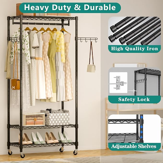 Heavy Duty Rolling Garment Rack, 3 Tiers Wire Shelves Adjustable Freestanding Portable Rolling Clothing Rack with Lockable Wheels, 29.5''L x 15.8''W x 78.8''H, Max Load 400 LBS