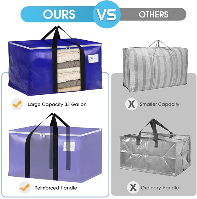 BlissTotes 2 Pack Moving Bags with Clear Window, Storage Bags with Strong Carrying Handles & Zippers,Large Packing Bags for Saving Space, Alternative to Moving Boxes(Blue,33 Gallon)