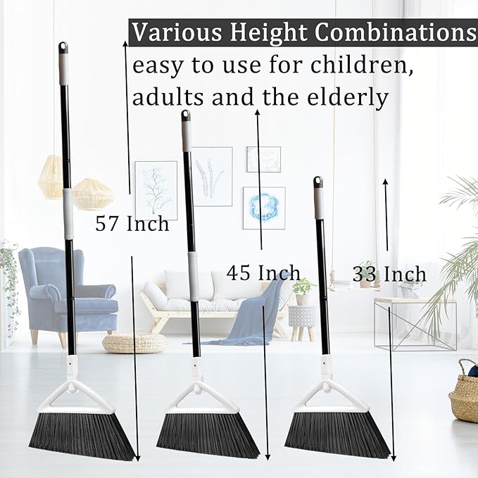 Heavy Duty Angle Broom 3 Pack - White Broom for Outdoor & Indoor, Garage, Driveway, Sidewalk, Kitchen & More, Long Handle