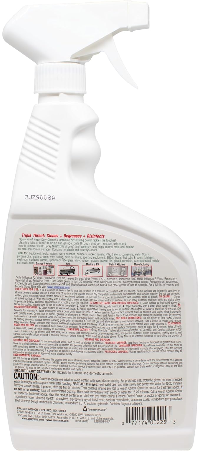 Spray Nine 26810 Heavy Duty Cleaner, Degreaser & Disinfectant for Kitchens, Bathrooms, Yard Equipment, Automotive & Industrial 32 Fl Oz. (Pack of 1)