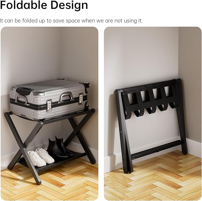 HITNET Luggage Rack for Guest Room, Pack of 2, Suitcase Stand Folding Bedroom, Bamboo Hotel Luggage Holder with Fabric Storage Shelf and Nylon Straps, Black