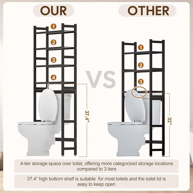 Cozivolife Over The Toilet Storage with 2 Baskets, 4-Tier Bamboo Organizer Rack with Paper Holder & 4 Hooks & Waterproof Feet Pad,Freestanding Shelf for Bathroom(Brown)