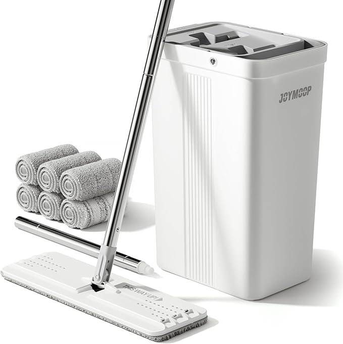 JOYMOOP Mop and Bucket Set with Wringer, Flat Mops for Floor Cleaning, Wall Mop Cleaner with Long Handle, Hardwood Floor Mop with 6 Microfiber Pads
